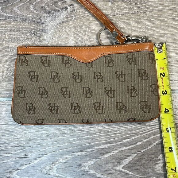 Dooney & Bourke Tan Canvas Brown Leather Trim “DB” Monogram Wristlet & Hardware - Picture 8 of 8
